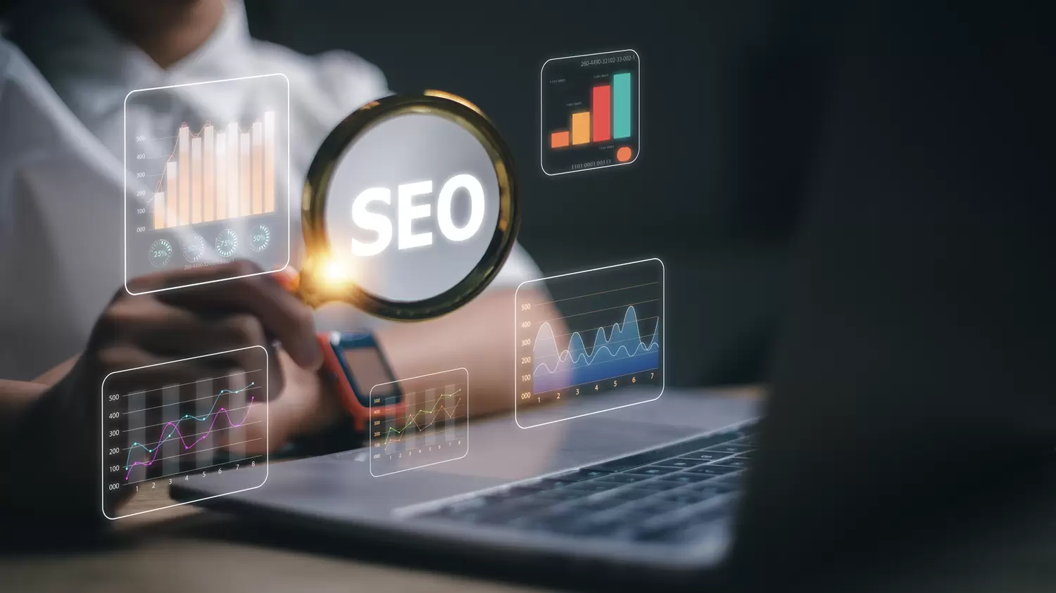 تحسين وتسويق محركات البحث women use magnifying glasses computers analysis seo search engine optimization ranking traffic websites internet business technology promoting traffic website
